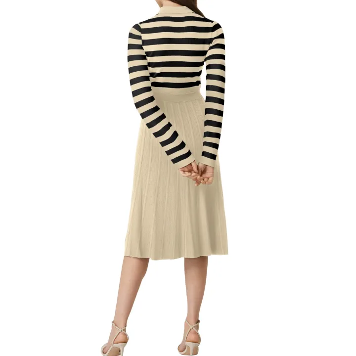 Striped Long Sleeve Button Ribbed Knit Dresses