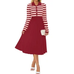 Striped Long Sleeve Button Ribbed Knit Dresses