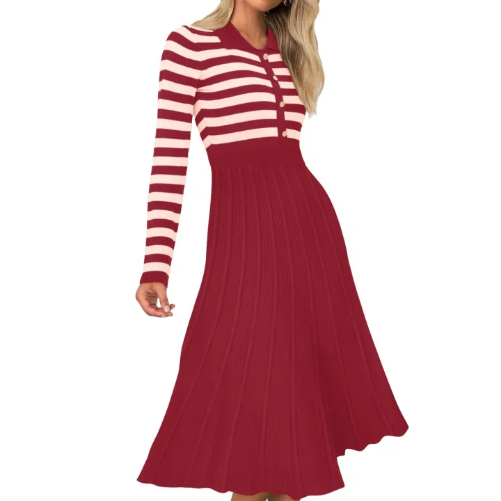 Striped Long Sleeve Button Ribbed Knit Dresses