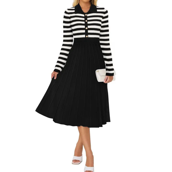 Striped Long Sleeve Button Ribbed Knit Dresses