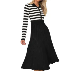 Striped Long Sleeve Button Ribbed Knit Dresses