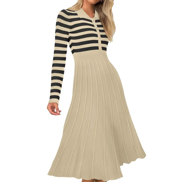 Striped Long Sleeve Button Ribbed Knit Dresses