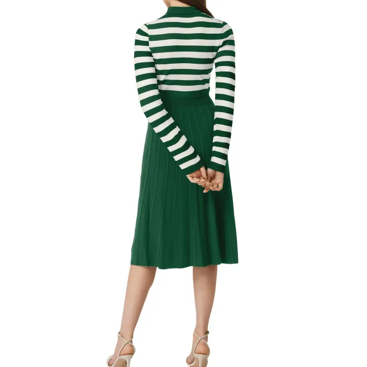 Striped Long Sleeve Button Ribbed Knit Dresses