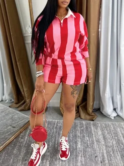 Striped Polo Crop Top Shorts Set