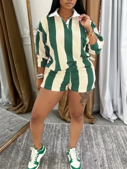 Striped Polo Crop Top Shorts Set