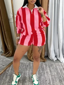 Striped Polo Crop Top Shorts Set