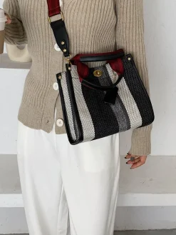 Striped Print Canvas Tote Shoulder Bags