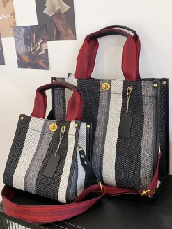 Striped Print Canvas Tote Shoulder Bags