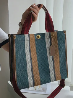 Striped Print Canvas Tote Shoulder Bags