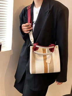 Striped Print Canvas Tote Shoulder Bags