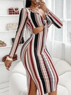 Striped Print Long Sleeve Midi Dress