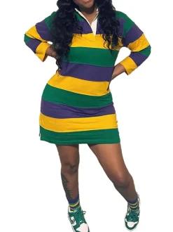 Striped Print Polo Collar 3/4 Sleeve Mini Dress