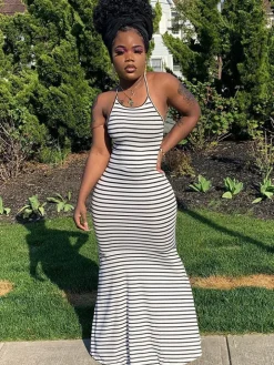 Striped Strapless Fishtail Maxi Dress