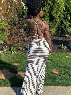 Striped Strapless Fishtail Maxi Dress