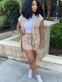 Stripes Casual Two Piece Blazer Vest Suit