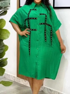 Studded Trim Oversized Shirt Midi Dress