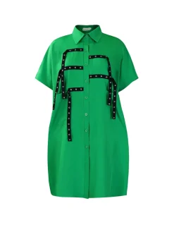 Studded Trim Oversized Shirt Midi Dress