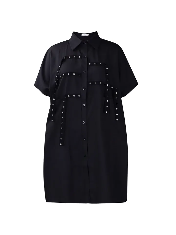 Studded Trim Oversized Shirt Midi Dress