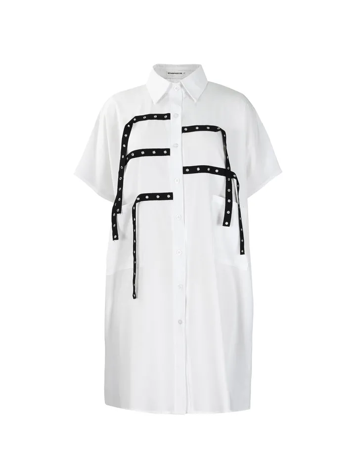 Studded Trim Oversized Shirt Midi Dress