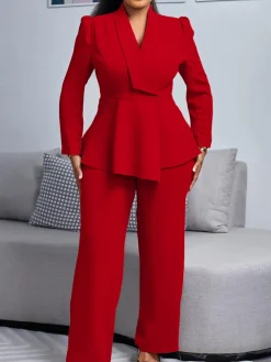 Tailored Lapel Peplum Blazer Pants Set