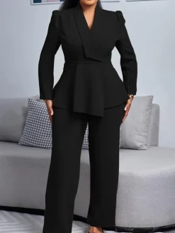 Tailored Lapel Peplum Blazer Pants Set