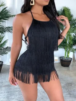 Tassel Halter Neck Backless Short Jumpsuit
