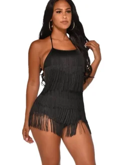 Tassel Halter Neck Backless Short Jumpsuit
