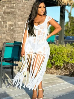 Tassel Hollow Out Fringed Beach Maxi Dress