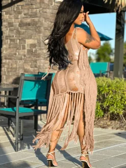 Tassel Hollow Out Fringed Beach Maxi Dress