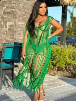 Tassel Hollow Out Fringed Beach Maxi Dress