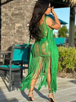Tassel Hollow Out Fringed Beach Maxi Dress