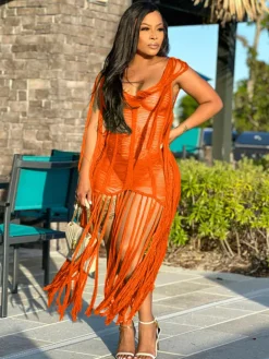 Tassel Hollow Out Fringed Beach Maxi Dress