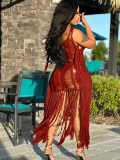 Tassel Hollow Out Fringed Beach Maxi Dress