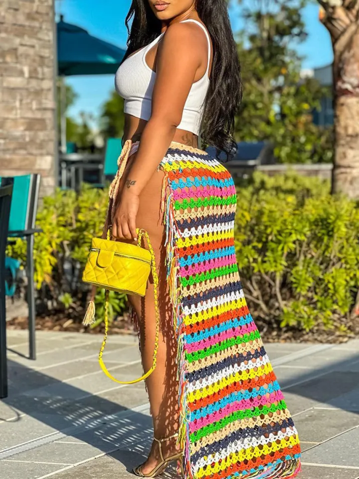 Tassel Slit Coverup Knit See Maxi Skirts