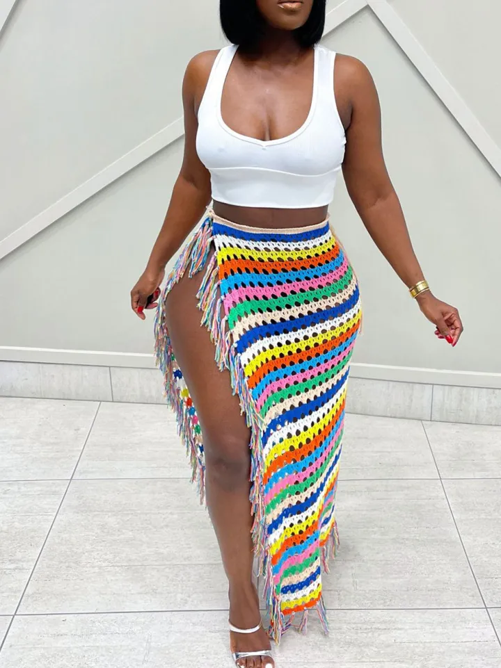 Tassel Slit Coverup Knit See Maxi Skirts