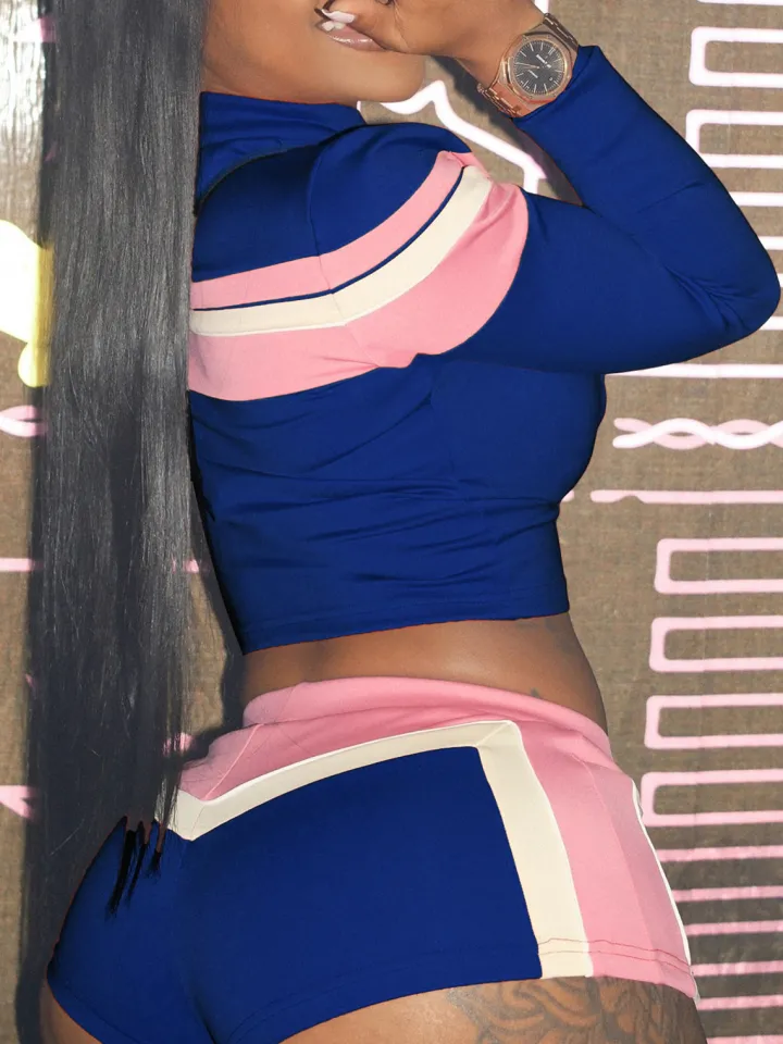 Three Piece Color Block Bra Jacket Shorts Set