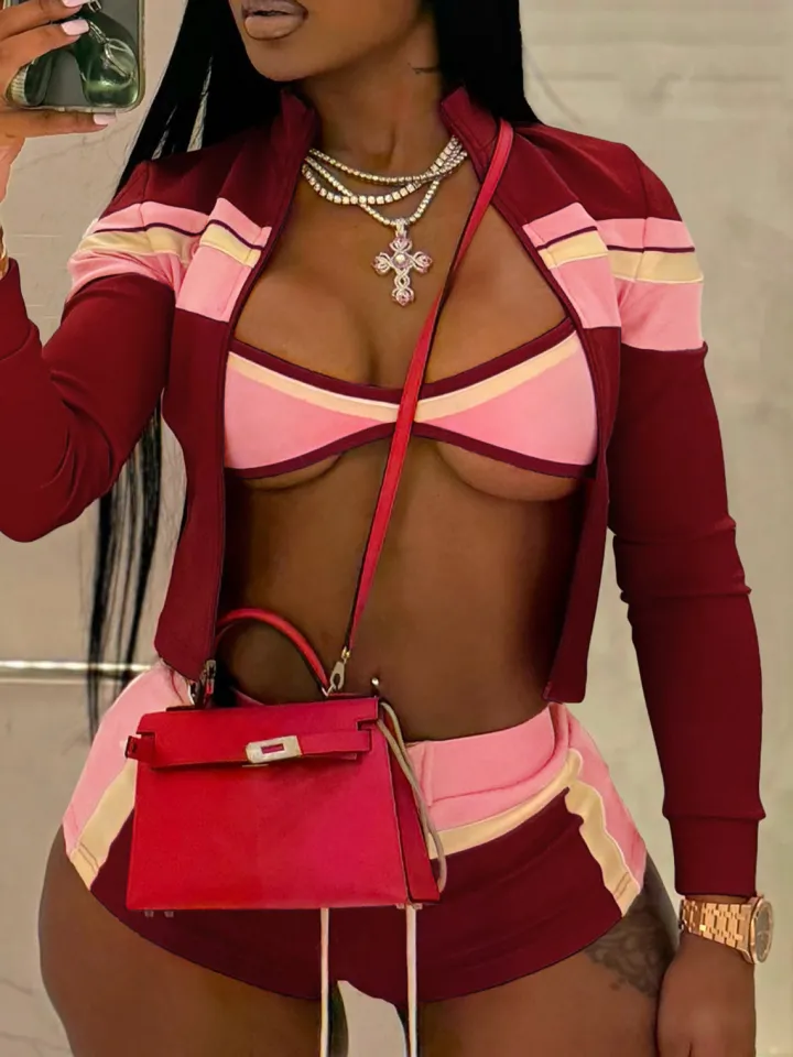 Three Piece Color Block Bra Jacket Shorts Set