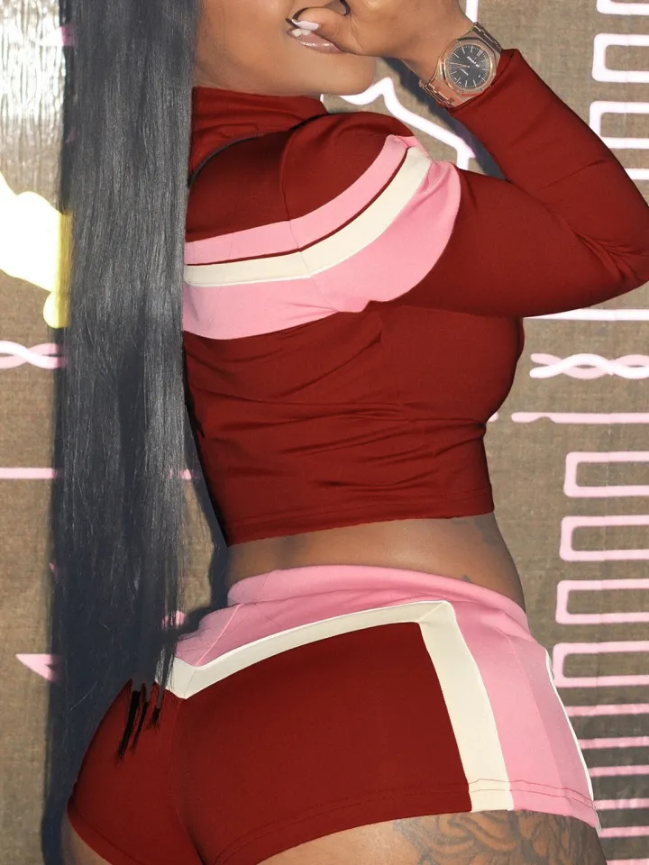 Three Piece Color Block Bra Jacket Shorts Set