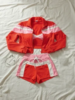 Three Piece Color Block Bra Jacket Shorts Set