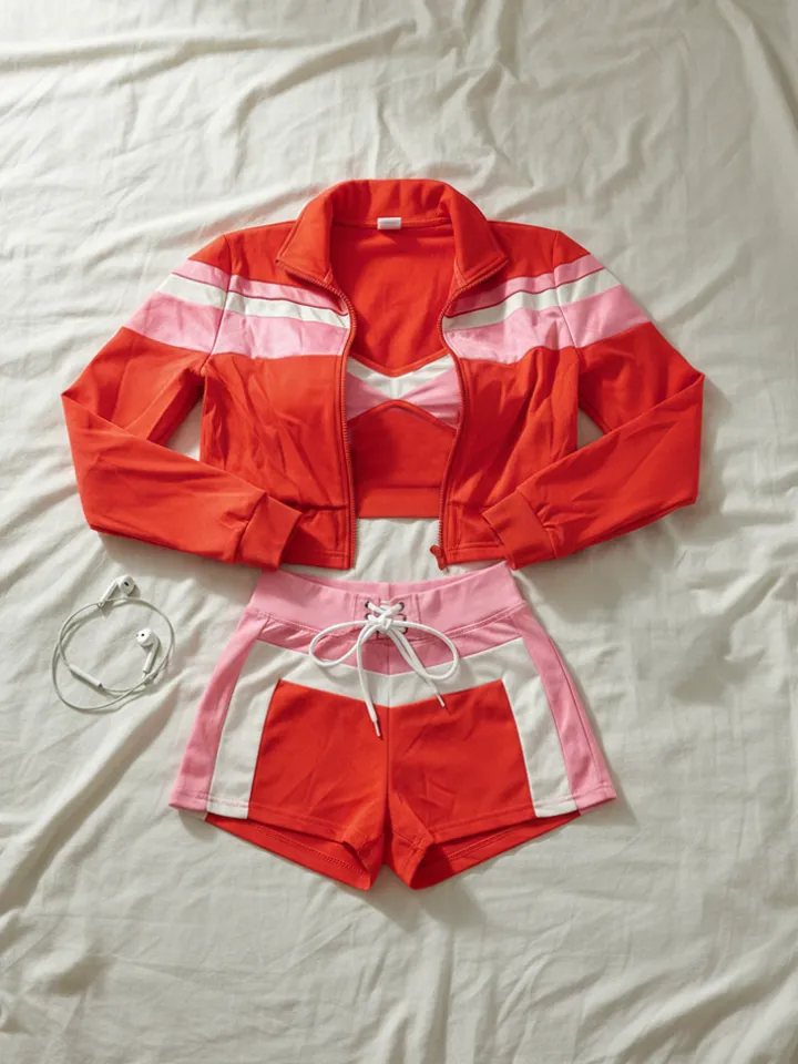 Three Piece Color Block Bra Jacket Shorts Set
