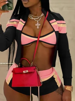 Three Piece Color Block Bra Jacket Shorts Set