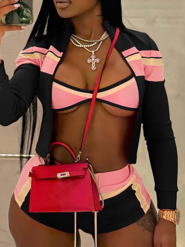 Three Piece Color Block Bra Jacket Shorts Set