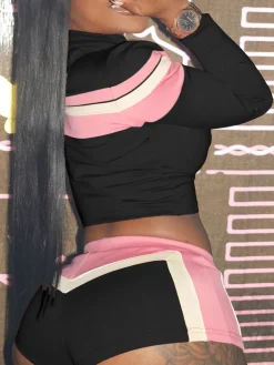 Three Piece Color Block Bra Jacket Shorts Set