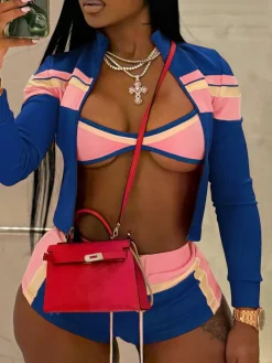 Three Piece Color Block Bra Jacket Shorts Set