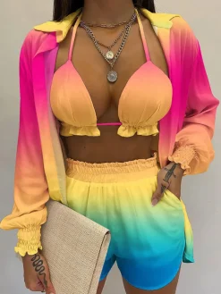 Three Piece Long Sleeve Ruffle Short Set