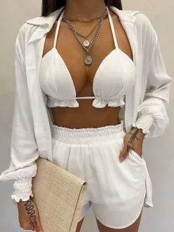 Three Piece Long Sleeve Ruffle Short Set