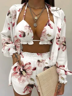 Three Piece Long Sleeve Ruffle Short Set