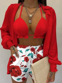 Three Piece Long Sleeve Ruffle Short Set