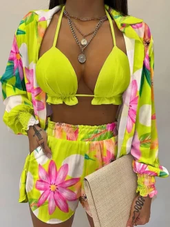 Three Piece Long Sleeve Ruffle Short Set