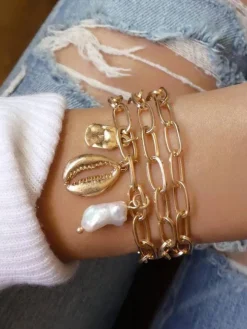 Three Piece Minimalist Shell Pearl Chain Bracelets